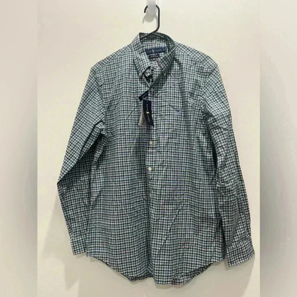 Ralph Lauren Men's M Green Checkered Long Sleeve Stretch Cotton Button-Up Shirt‌